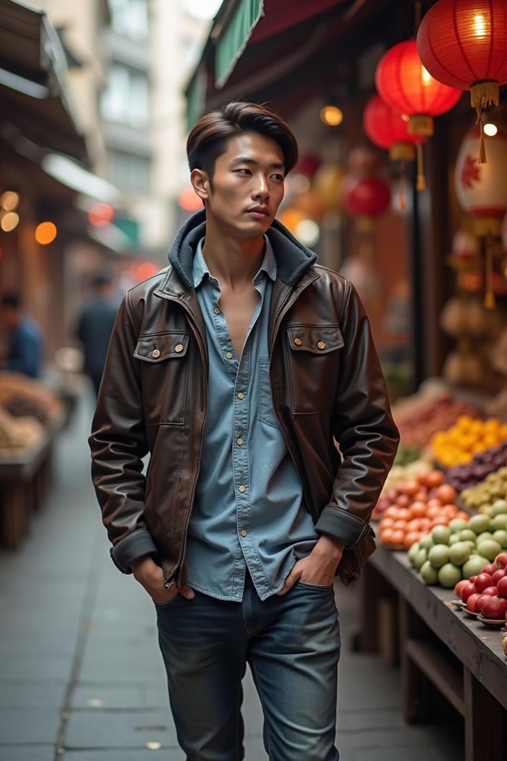 a charismatic masculine  man exploring a street market