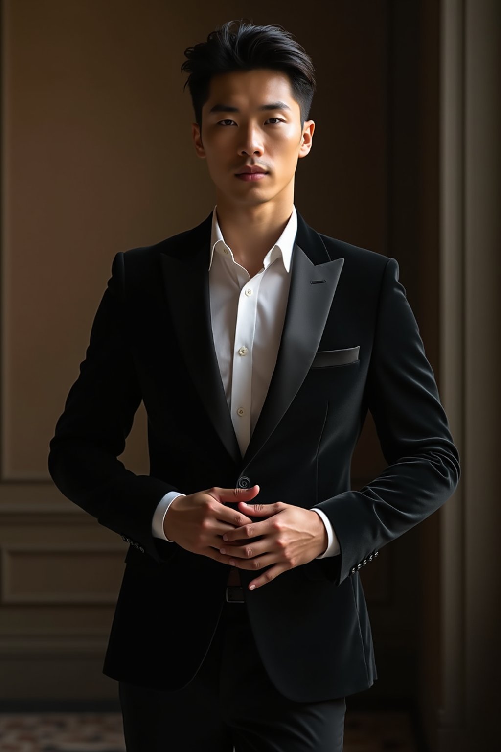 an alluring masculine  man dressed in elegant evening wear