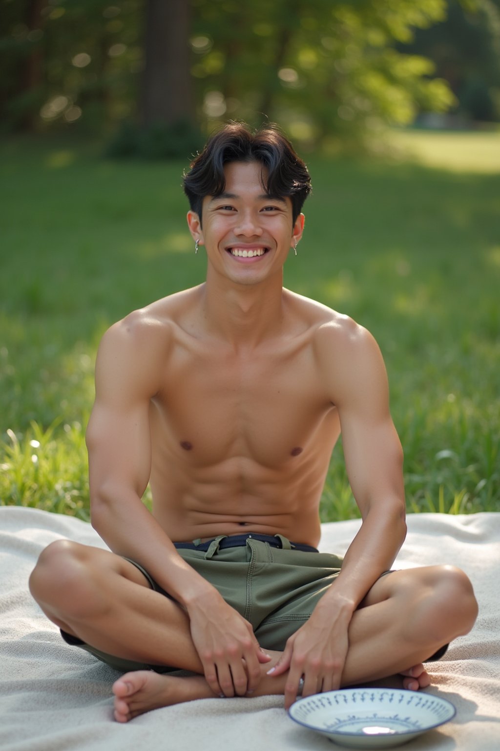 masculine  man having a fun outdoor picnic