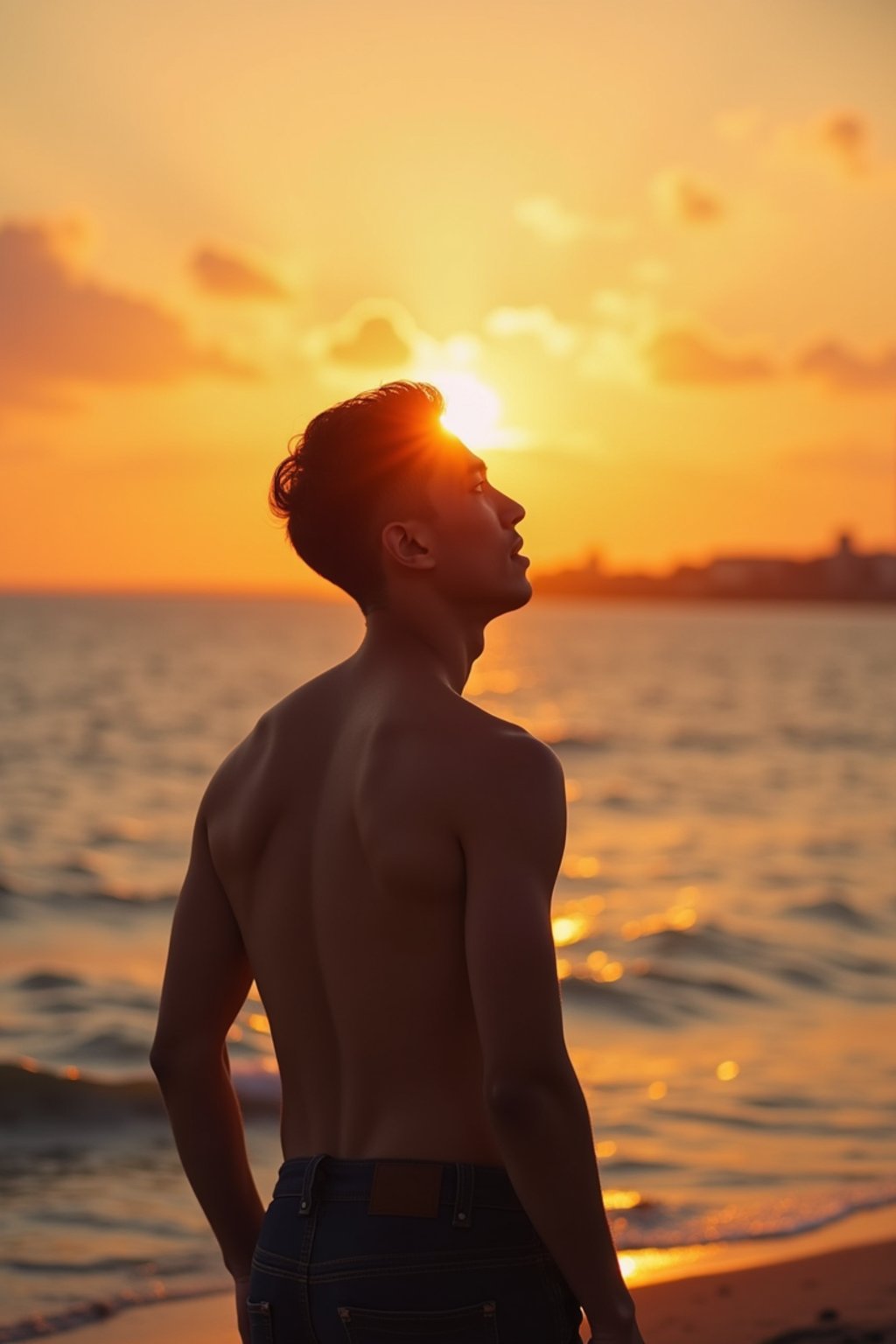 masculine  man enjoying a sunset at a beach or park