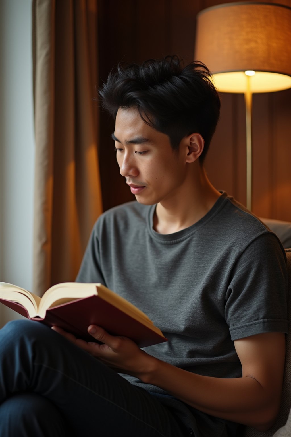 masculine  man reading a book in a cozy home environment