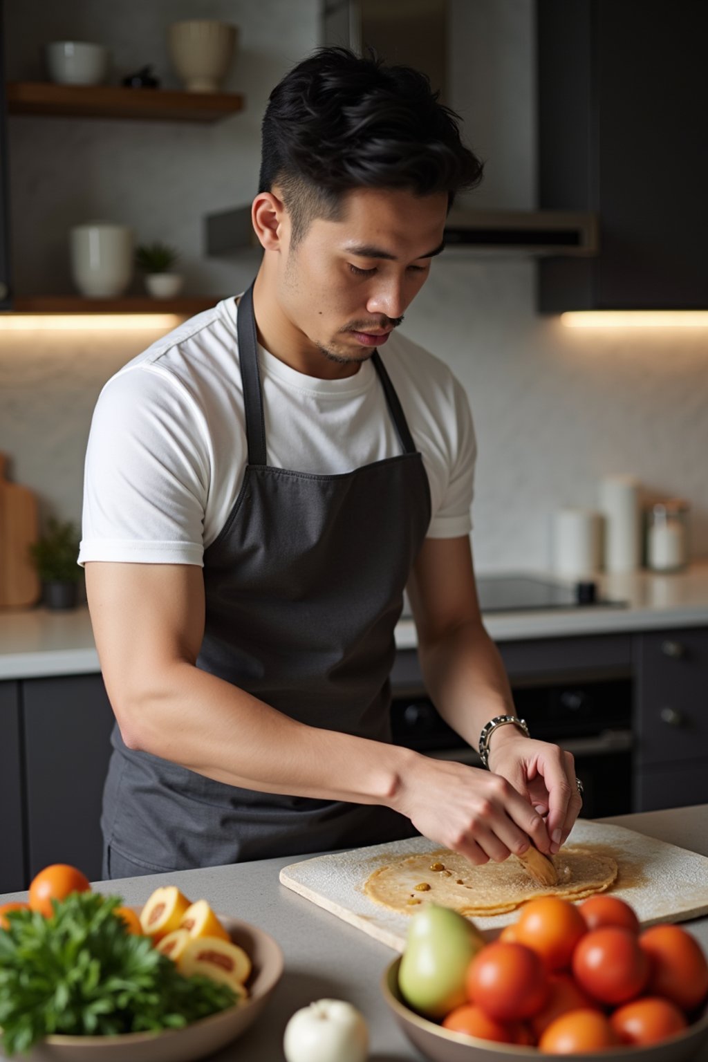 masculine  man cooking or baking in a modern kitchen