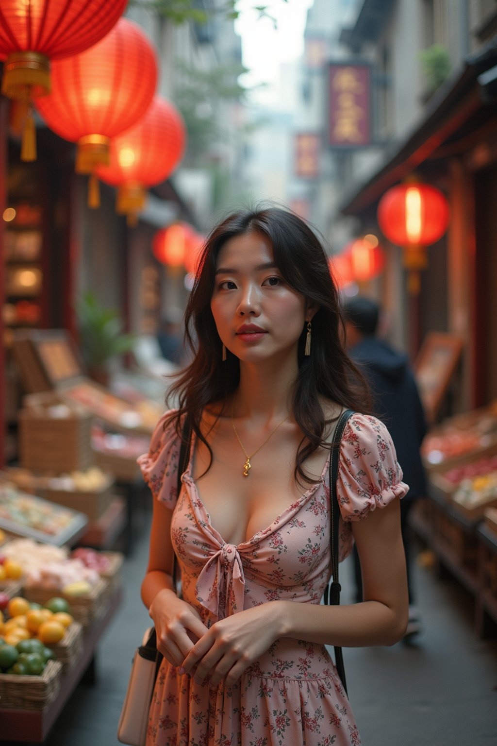 a stylish  feminine woman exploring a street market