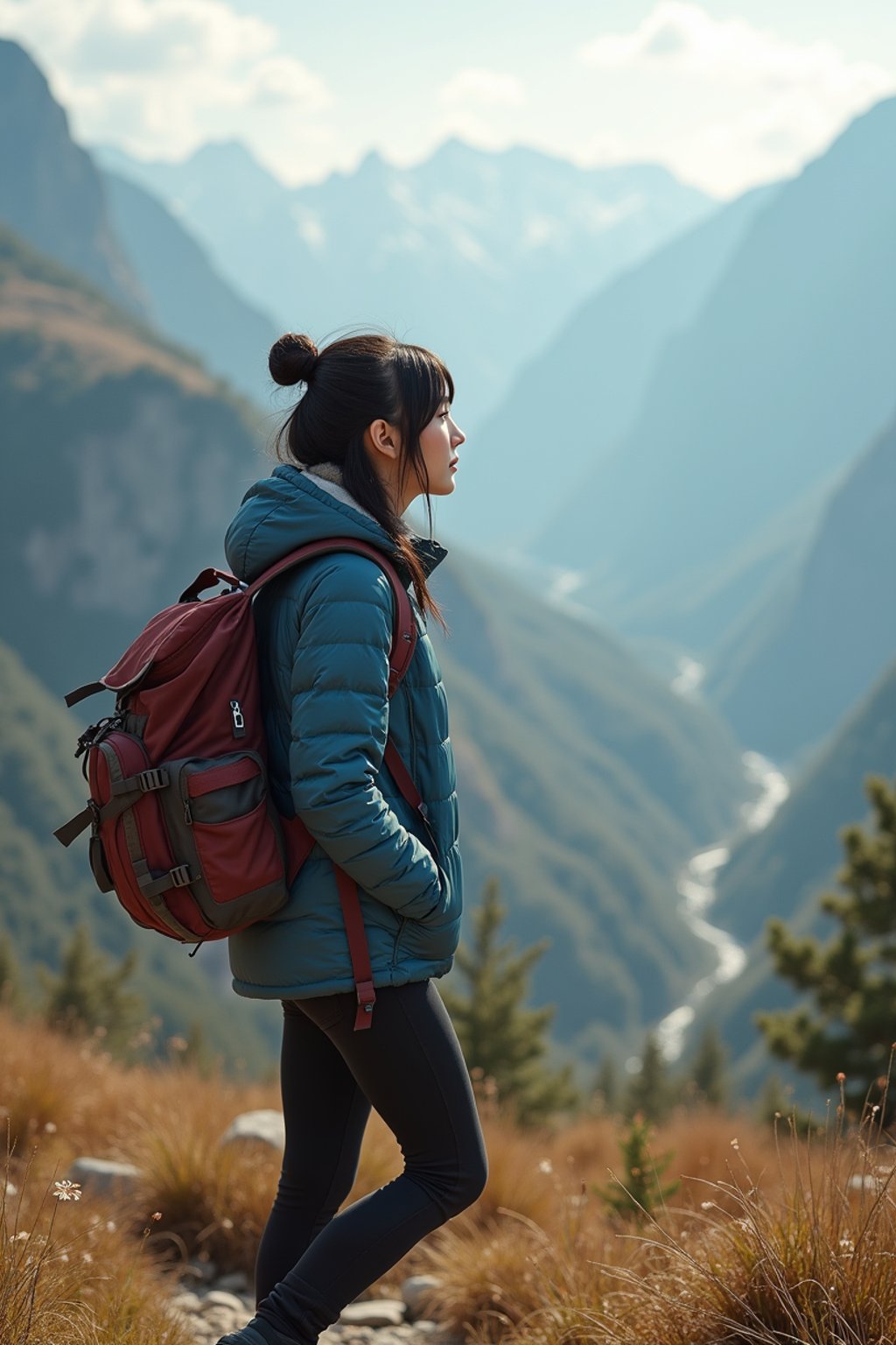 an adventurous  feminine woman hiking in the mountains