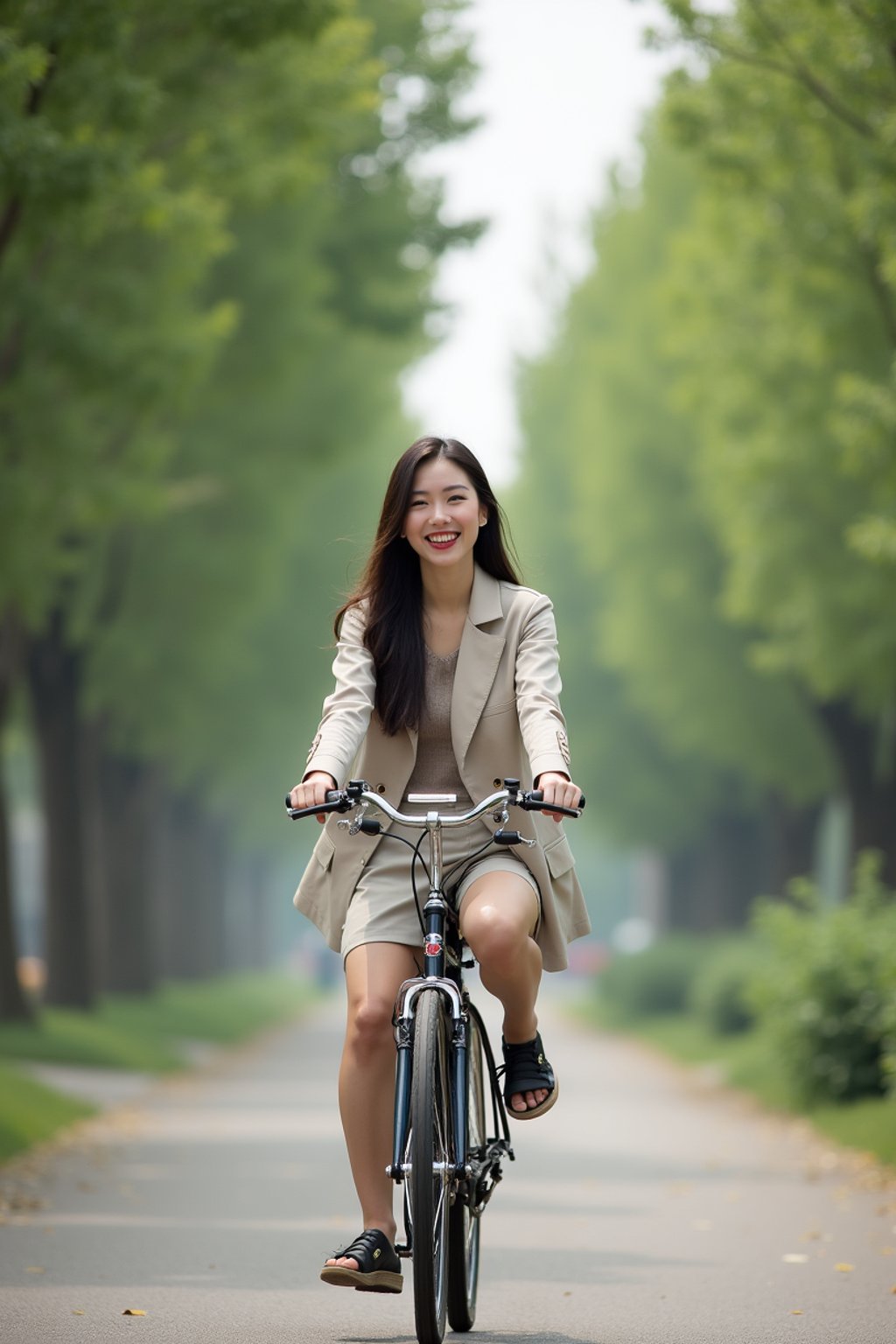 a stylish  feminine woman enjoying a leisurely bike ride along a scenic path