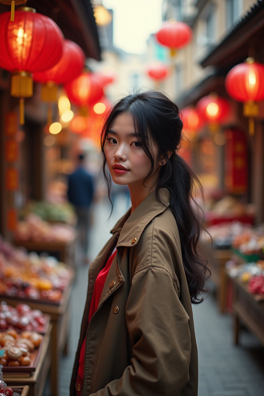 a charismatic  feminine woman exploring a street market