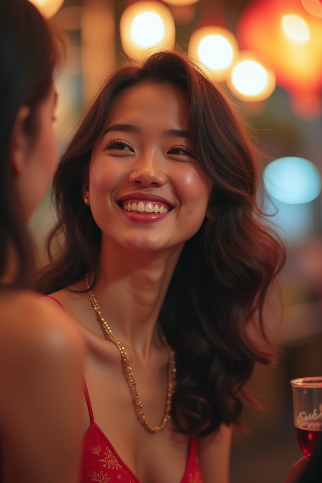 feminine woman laughing and hanging out with friends