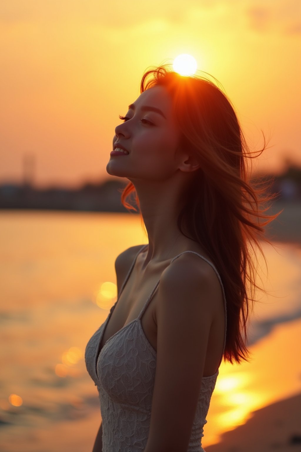 feminine woman enjoying a sunset at a beach or park