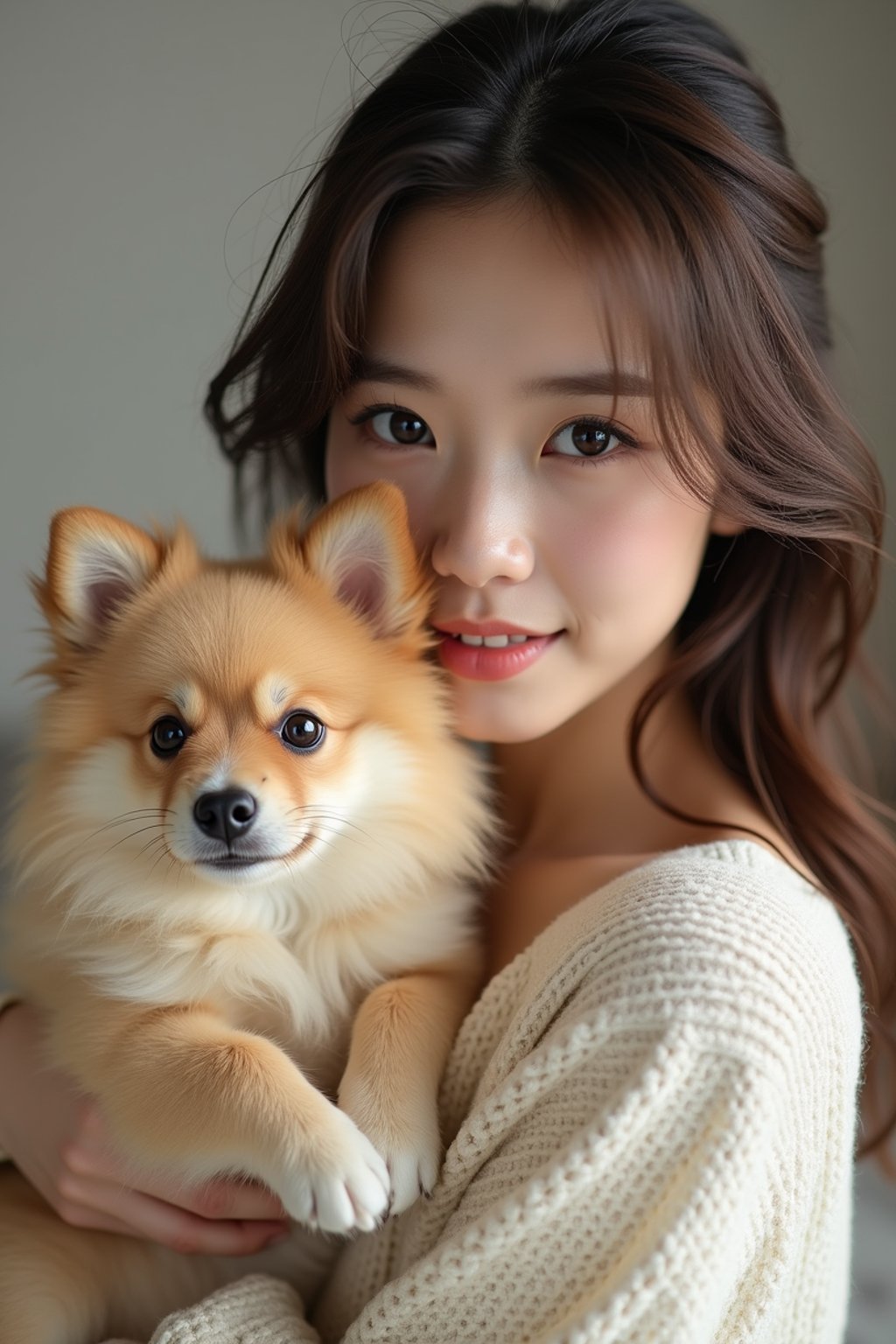 feminine woman posing with a cute pet