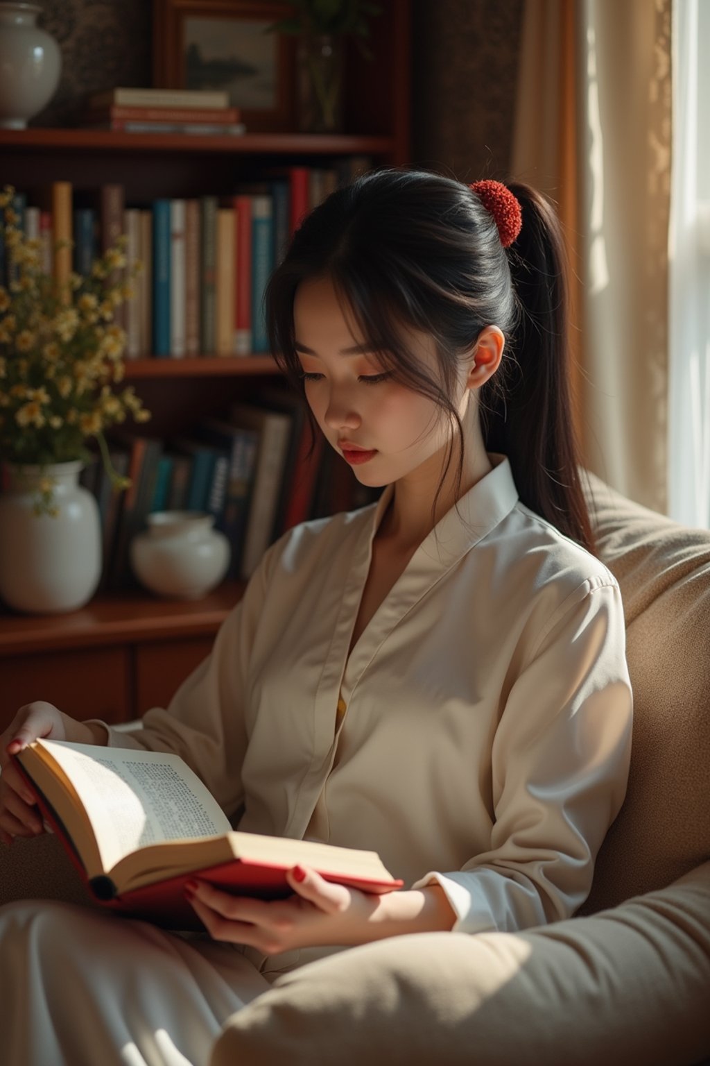 feminine woman reading a book in a cozy home environment