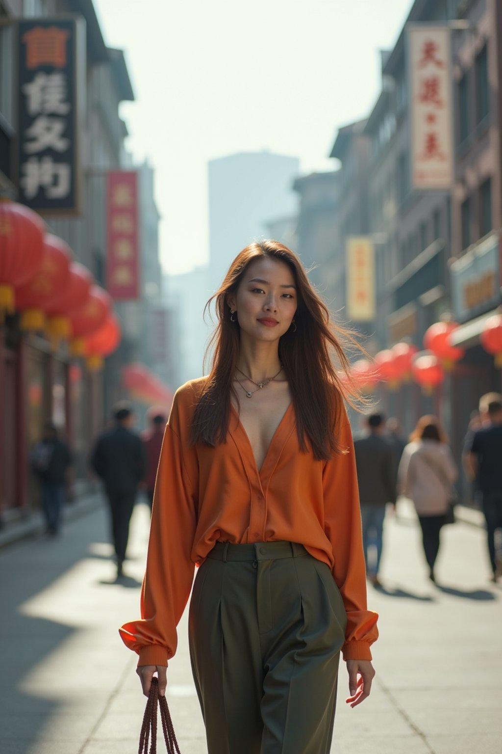 feminine woman taking a casual stroll through a cityscape