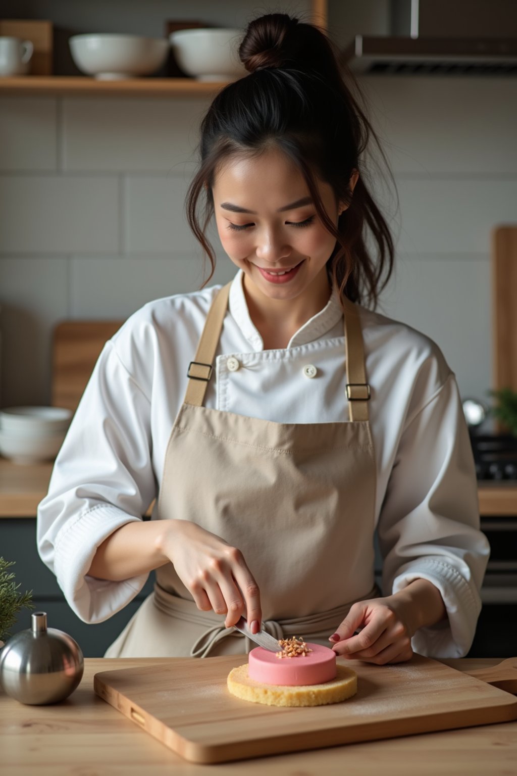 feminine woman cooking or baking in a modern kitchen