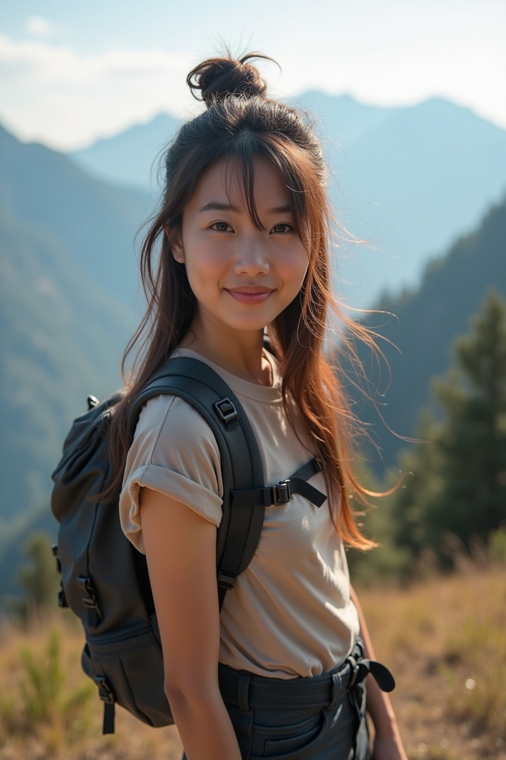 feminine woman in going hiking outdoors in mountains