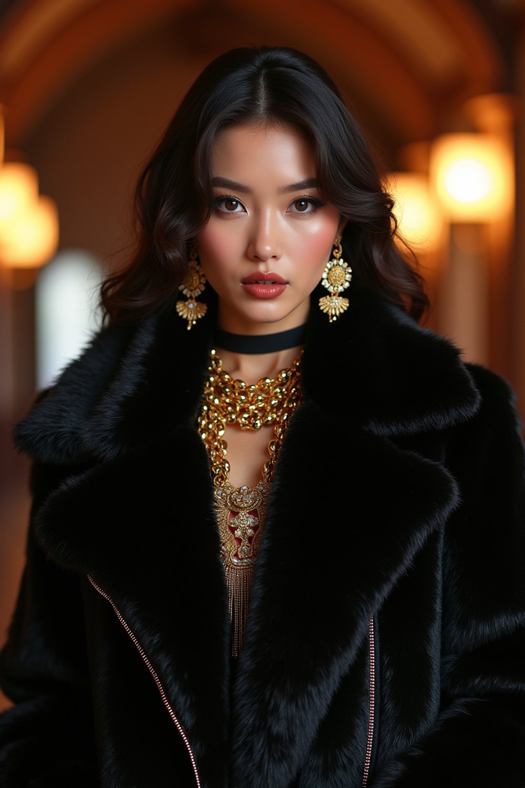 beautiful woman as a mobster, mafia, mafia outfit, faux fur coats, chunky gold jewelry, mafia aesthetic, flashy, glamorous, luxury, loud, Goodfellas, The Sopranos, Mob Wives, opulence, confidence