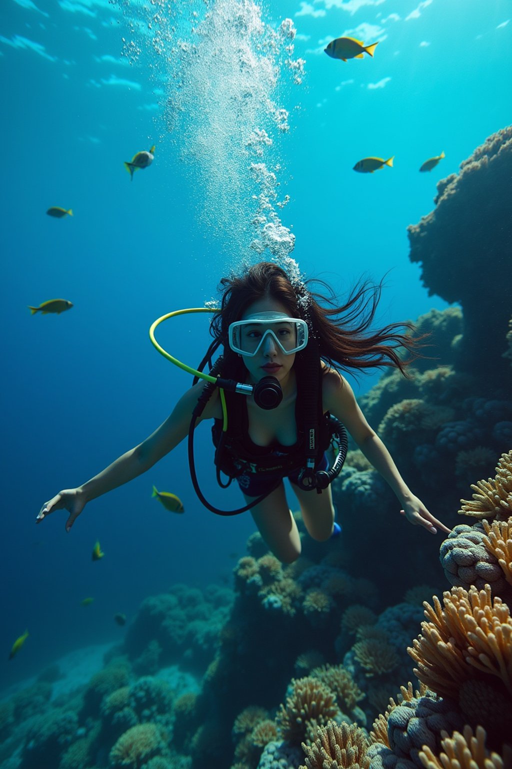 woman scuba diving in a stunning coral reef, surrounded by colorful fish