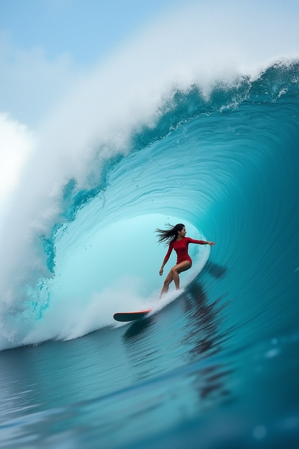 woman as individual surfing a massive wave in a clear, blue ocean