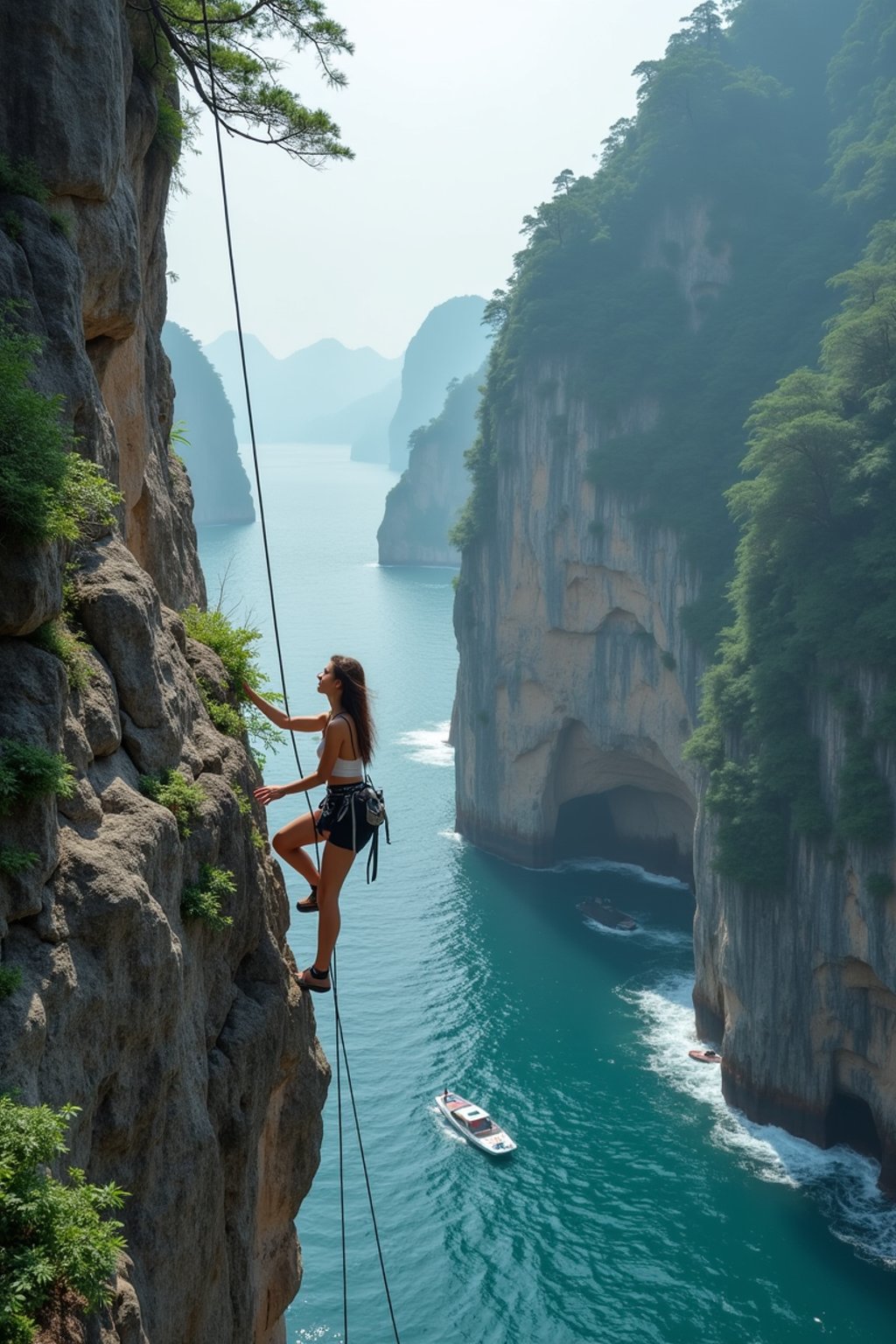 woman as adventurer rock climbing a daunting cliff with a breathtaking sea view