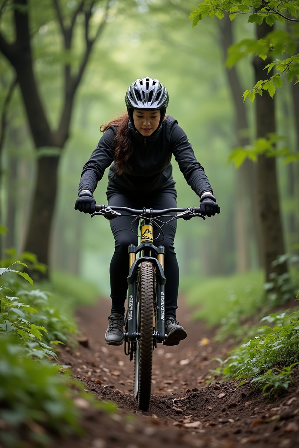 woman as individual mountain biking through a dense forest trail