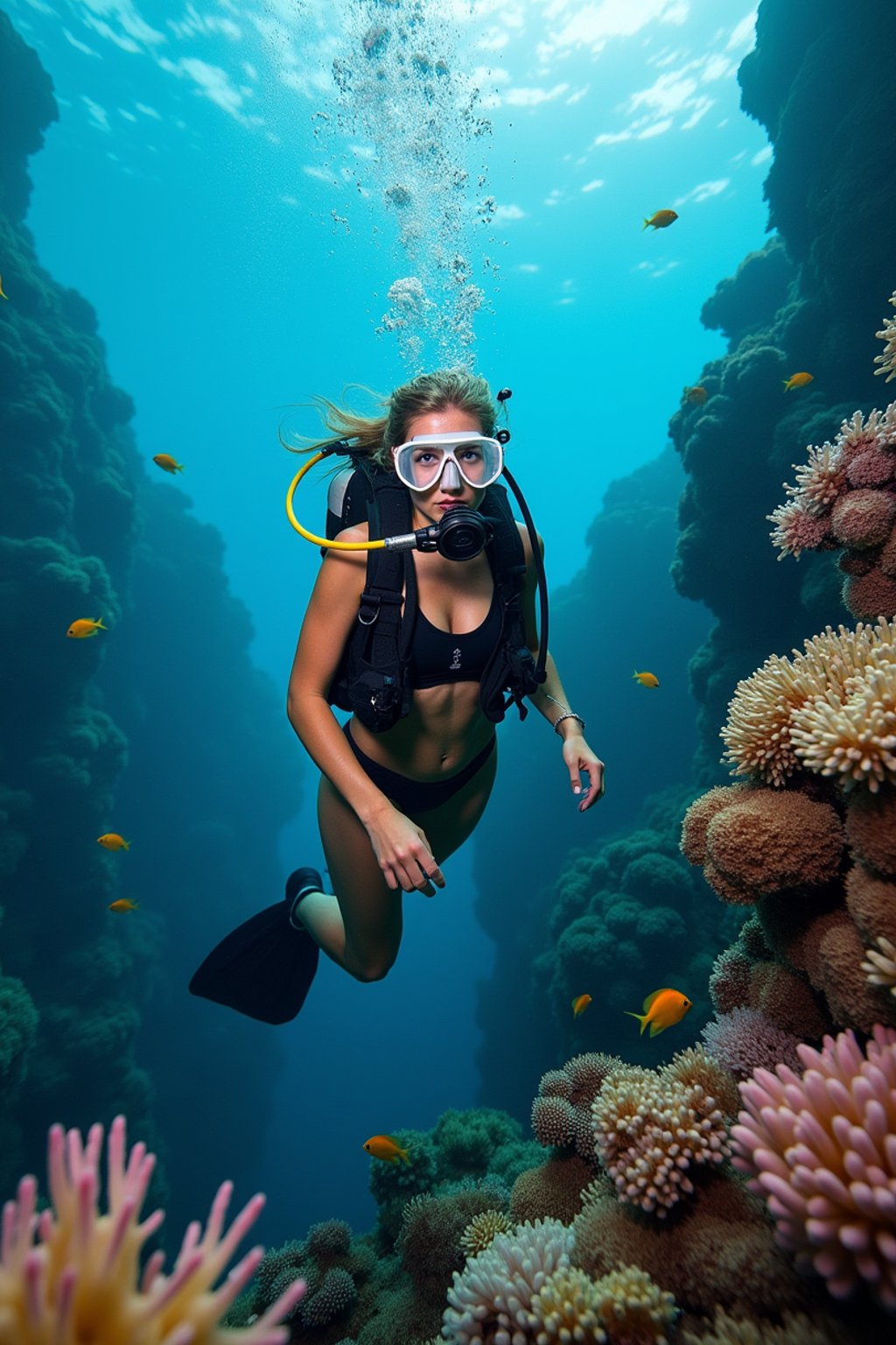 woman scuba diving in a stunning coral reef, surrounded by colorful fish