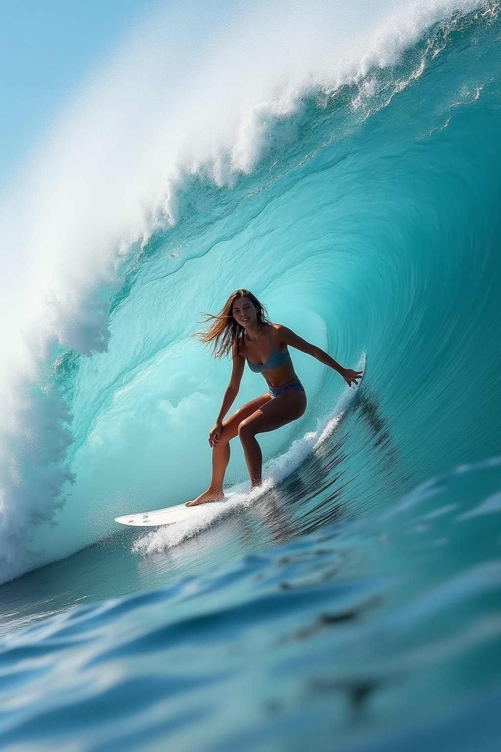 woman as individual surfing a massive wave in a clear, blue ocean