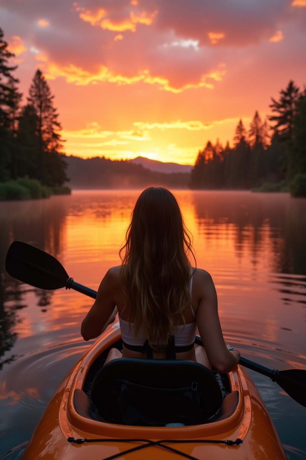 woman as explorer kayaking in a serene lake with a mesmerizing sunset backdrop