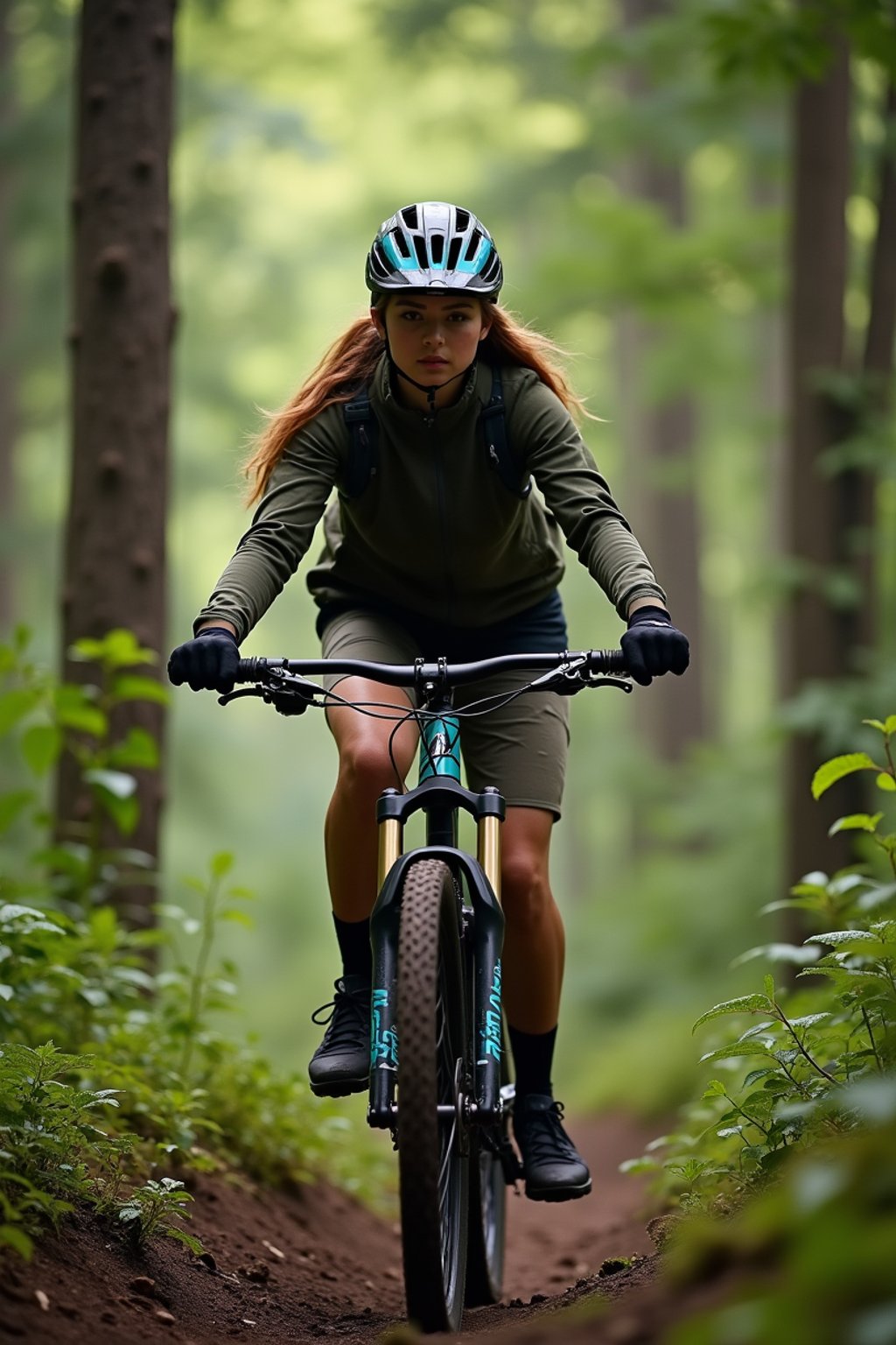 woman as individual mountain biking through a dense forest trail