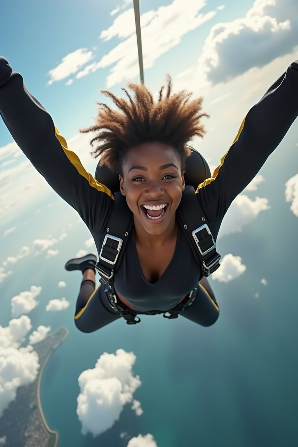 wide shot woman skydiving in the air