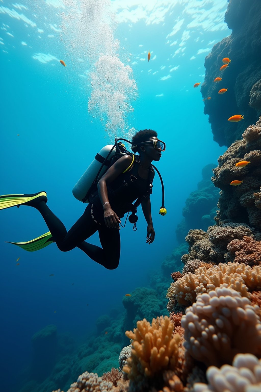 woman scuba diving in a stunning coral reef, surrounded by colorful fish