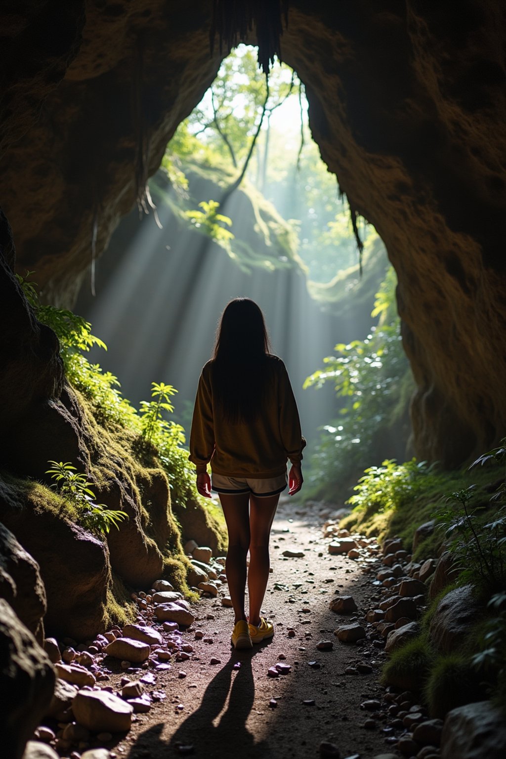 woman as individual hiking through an impressive cave system