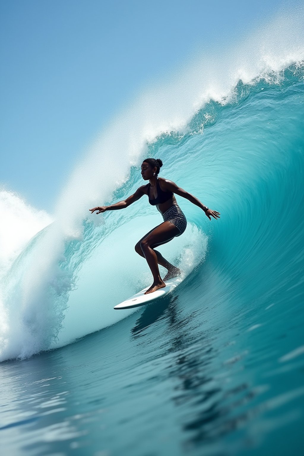 woman as individual surfing a massive wave in a clear, blue ocean