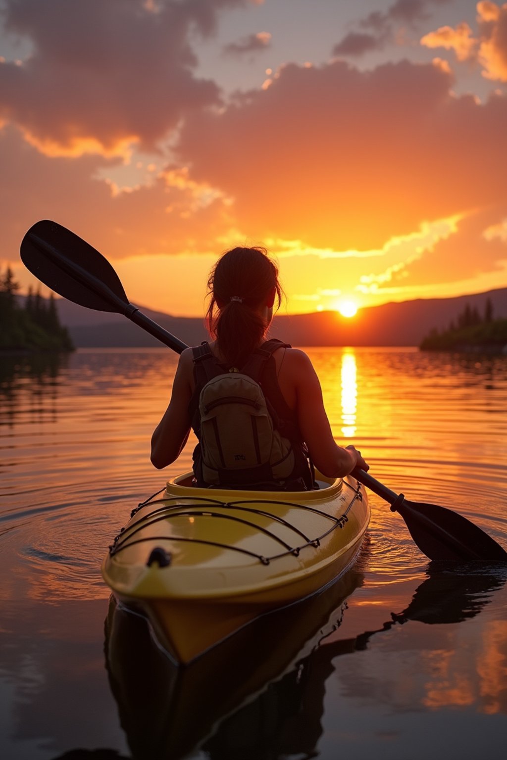 woman as explorer kayaking in a serene lake with a mesmerizing sunset backdrop