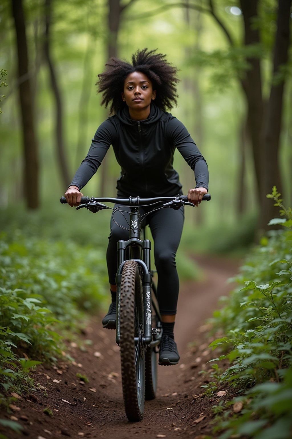 woman as individual mountain biking through a dense forest trail