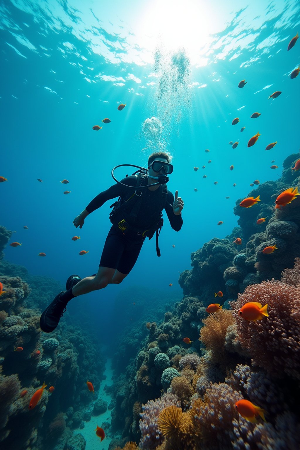 man scuba diving in a stunning coral reef, surrounded by colorful fish