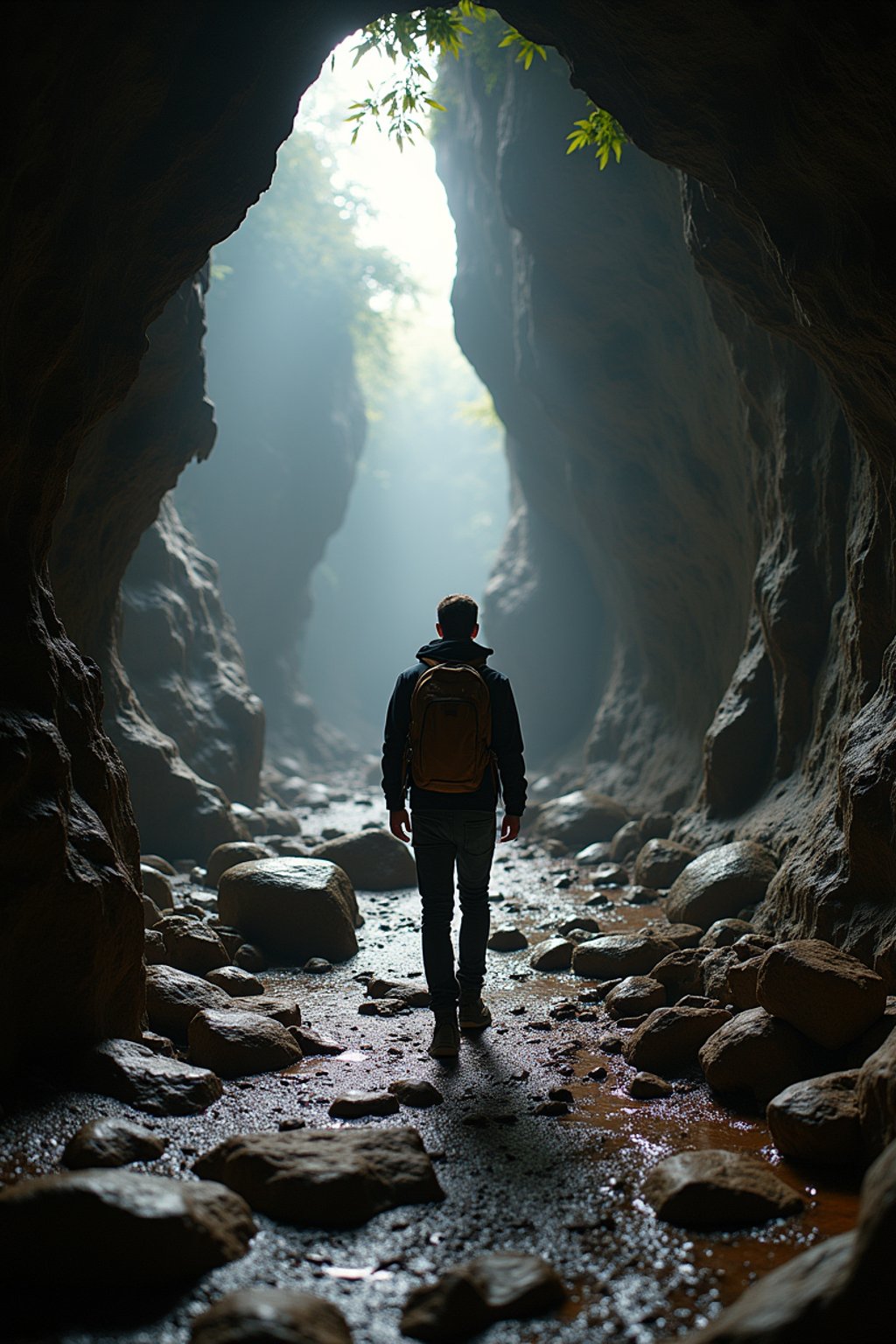 man as individual hiking through an impressive cave system