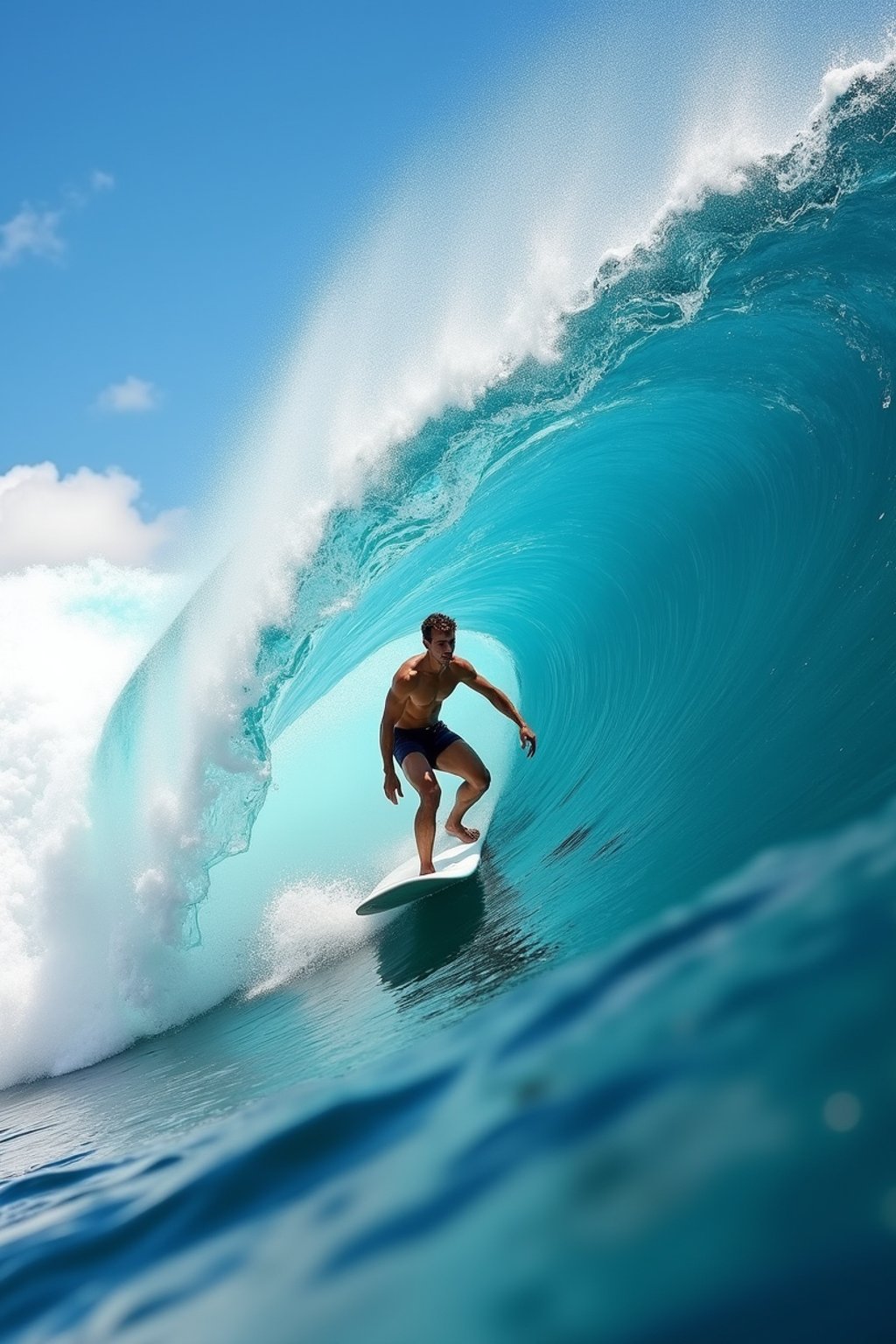 man as individual surfing a massive wave in a clear, blue ocean