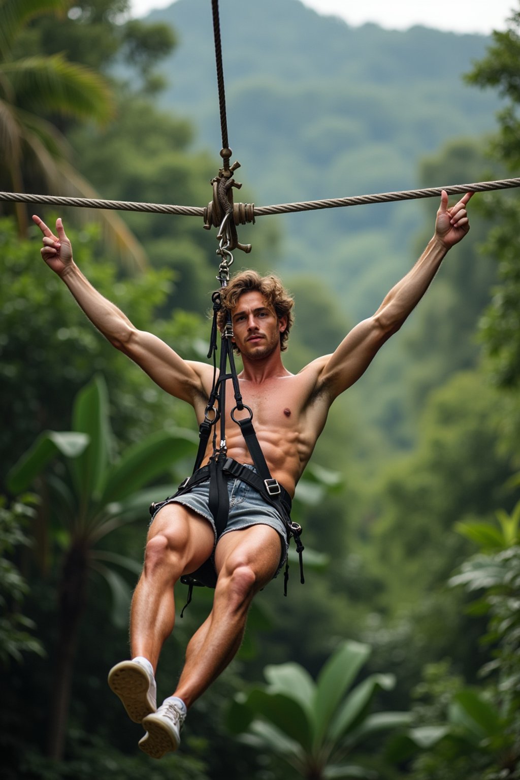 man zip-lining through a tropical rainforest canopy