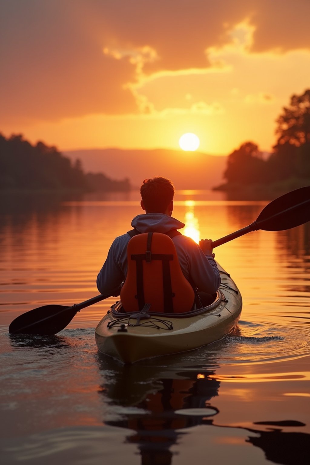 man as explorer kayaking in a serene lake with a mesmerizing sunset backdrop