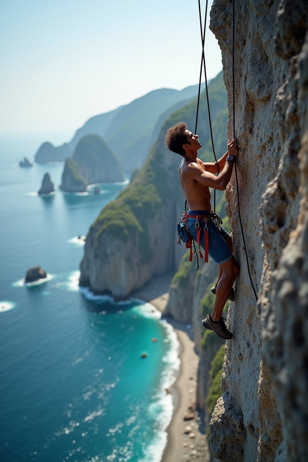 man as adventurer rock climbing a daunting cliff with a breathtaking sea view