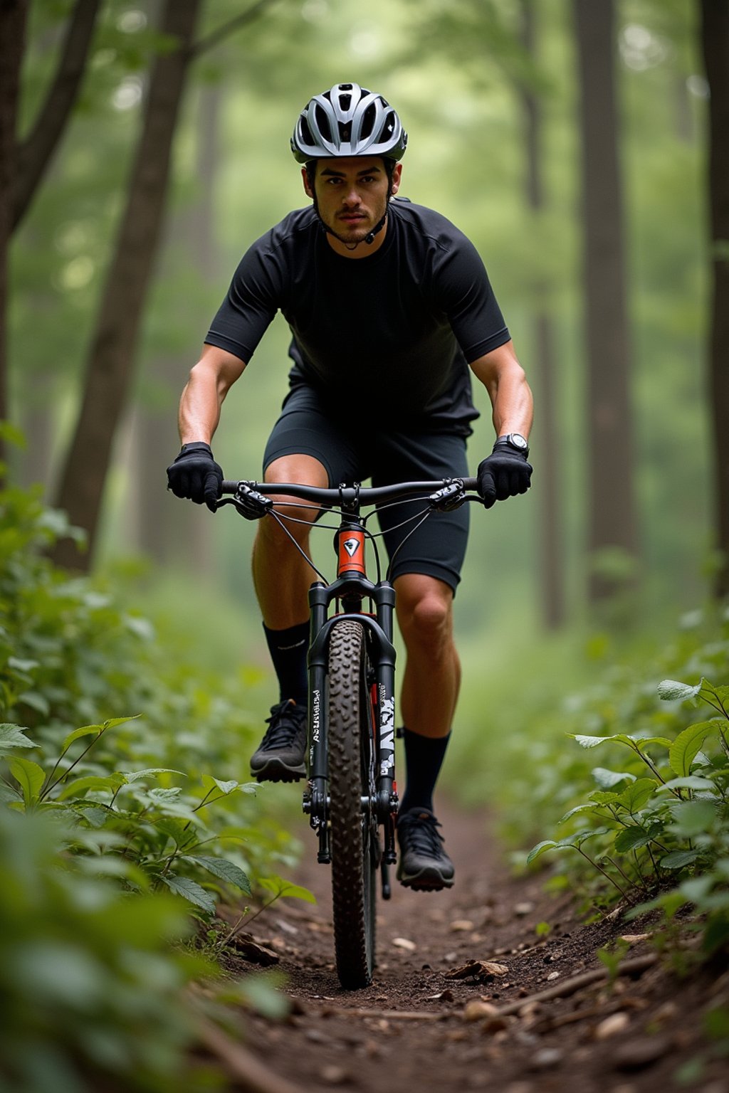 man as individual mountain biking through a dense forest trail