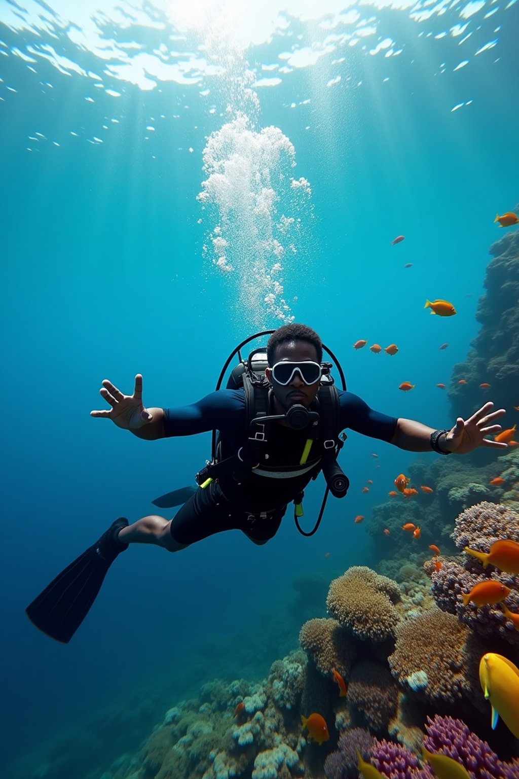 man scuba diving in a stunning coral reef, surrounded by colorful fish