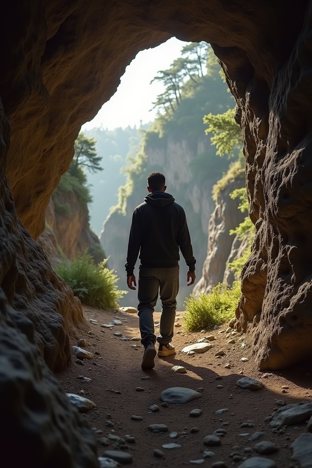 man as individual hiking through an impressive cave system