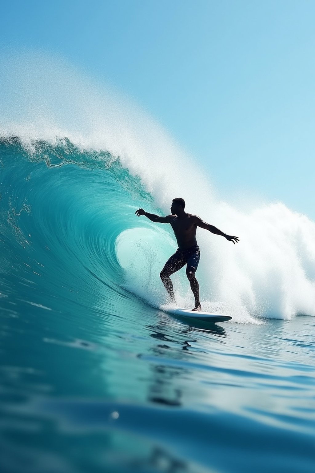 man as individual surfing a massive wave in a clear, blue ocean