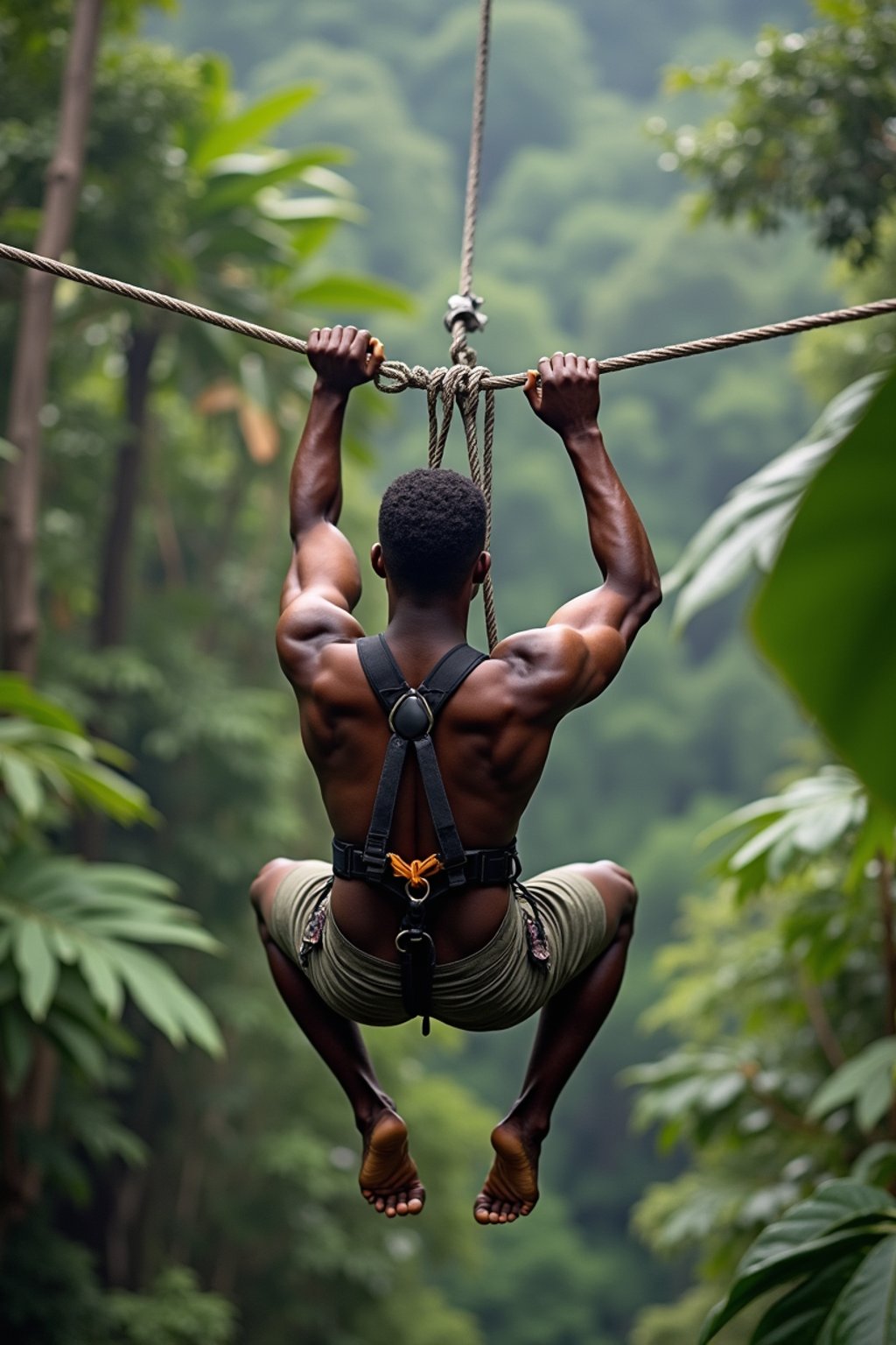 man zip-lining through a tropical rainforest canopy