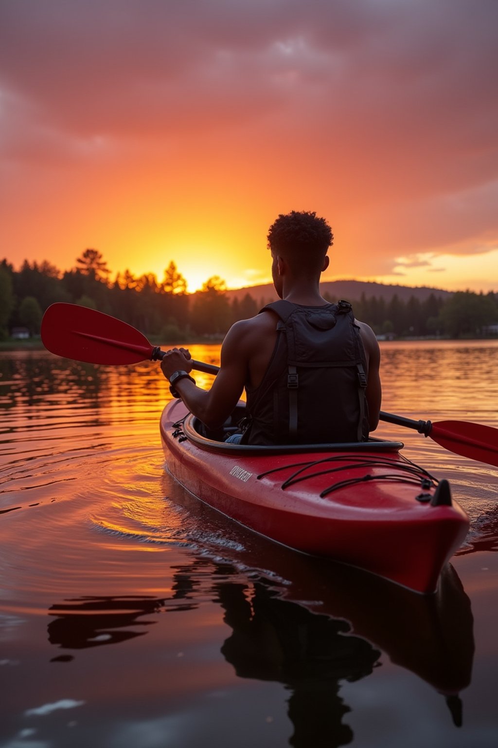 man as explorer kayaking in a serene lake with a mesmerizing sunset backdrop