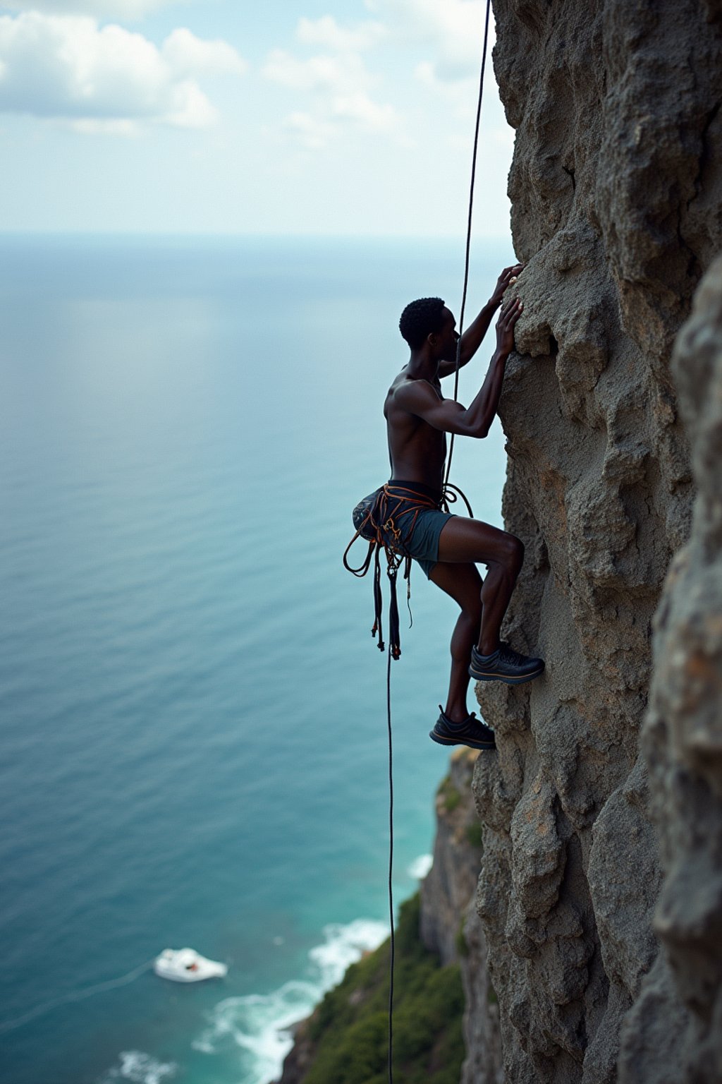 man as adventurer rock climbing a daunting cliff with a breathtaking sea view