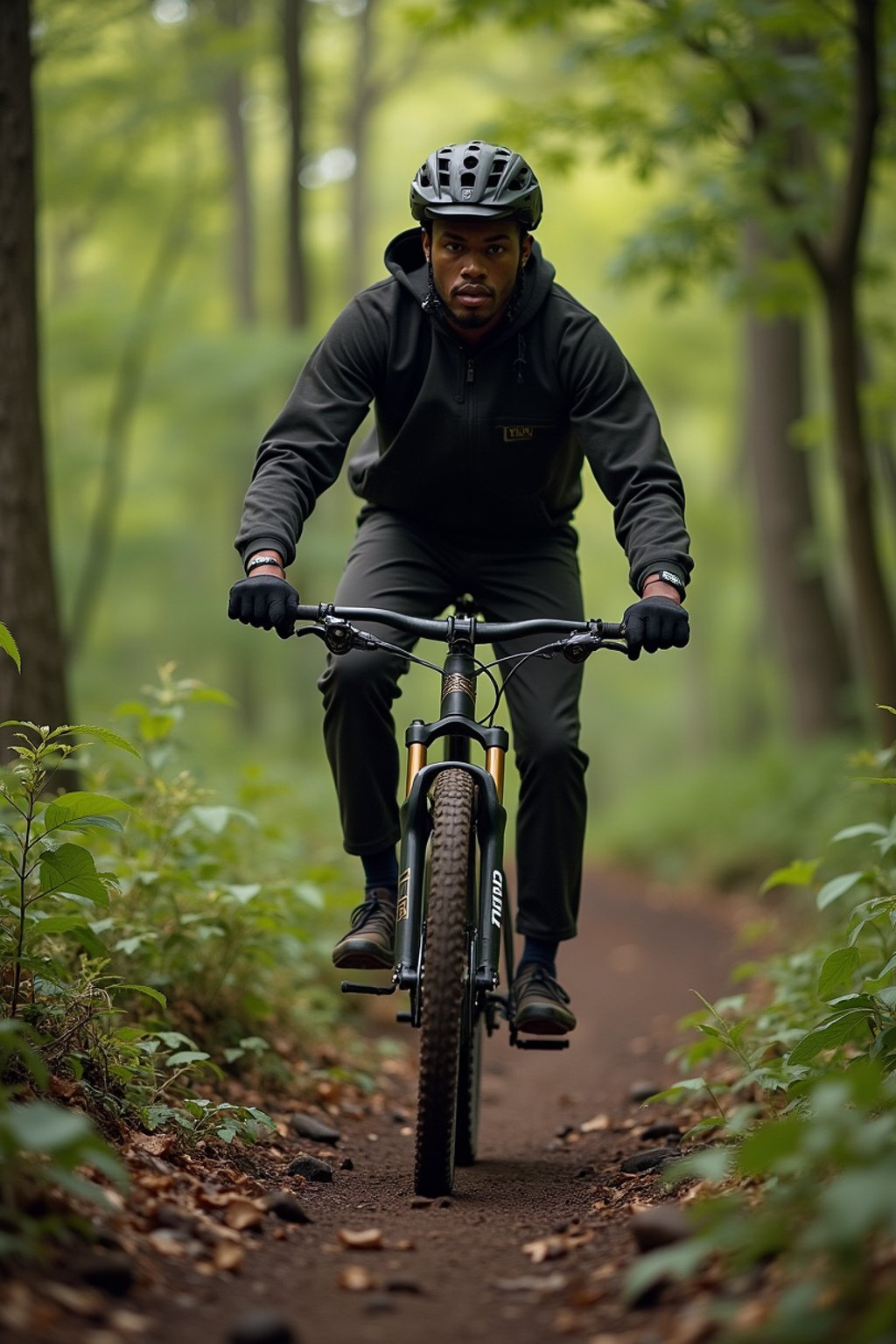 man as individual mountain biking through a dense forest trail