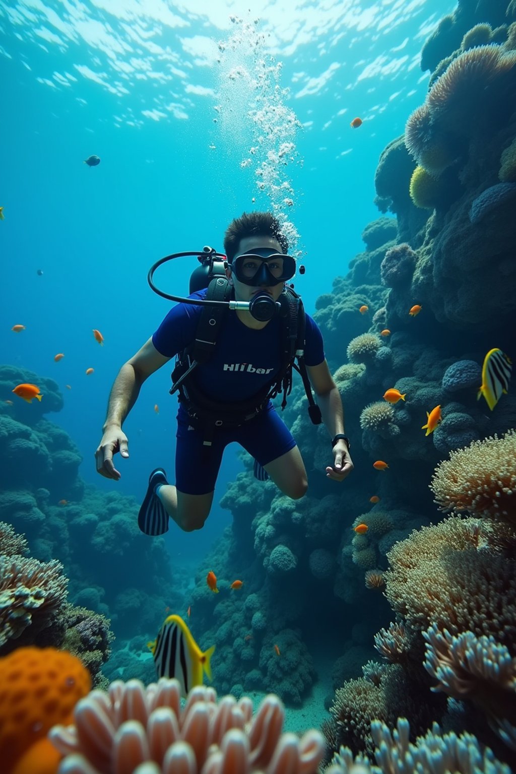 man scuba diving in a stunning coral reef, surrounded by colorful fish