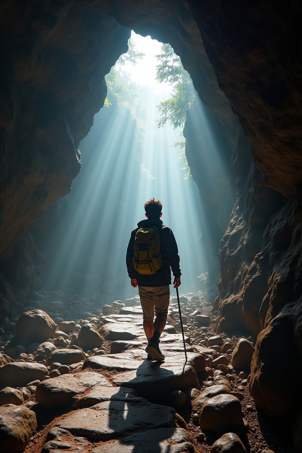 man as individual hiking through an impressive cave system