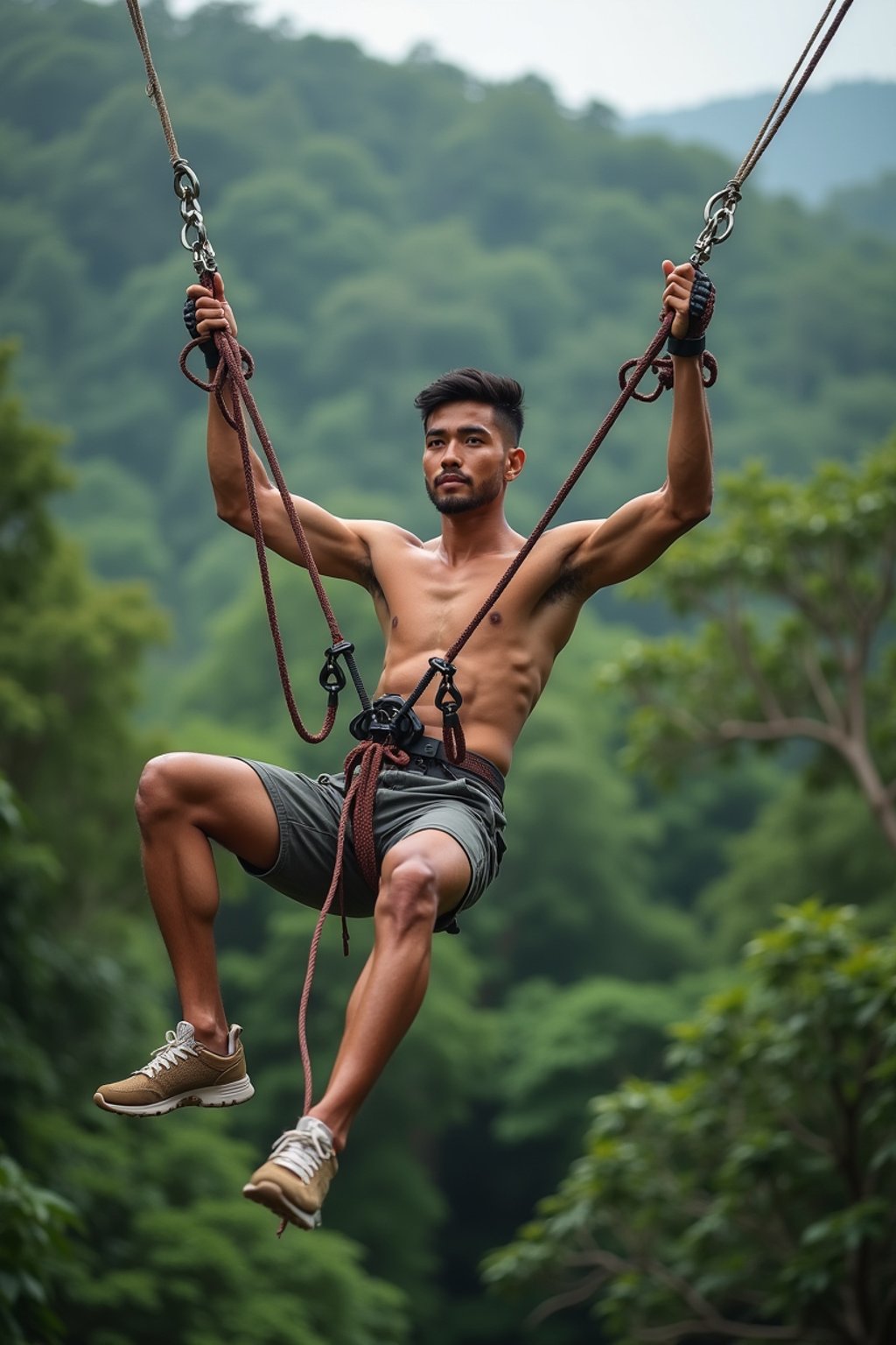 man zip-lining through a tropical rainforest canopy