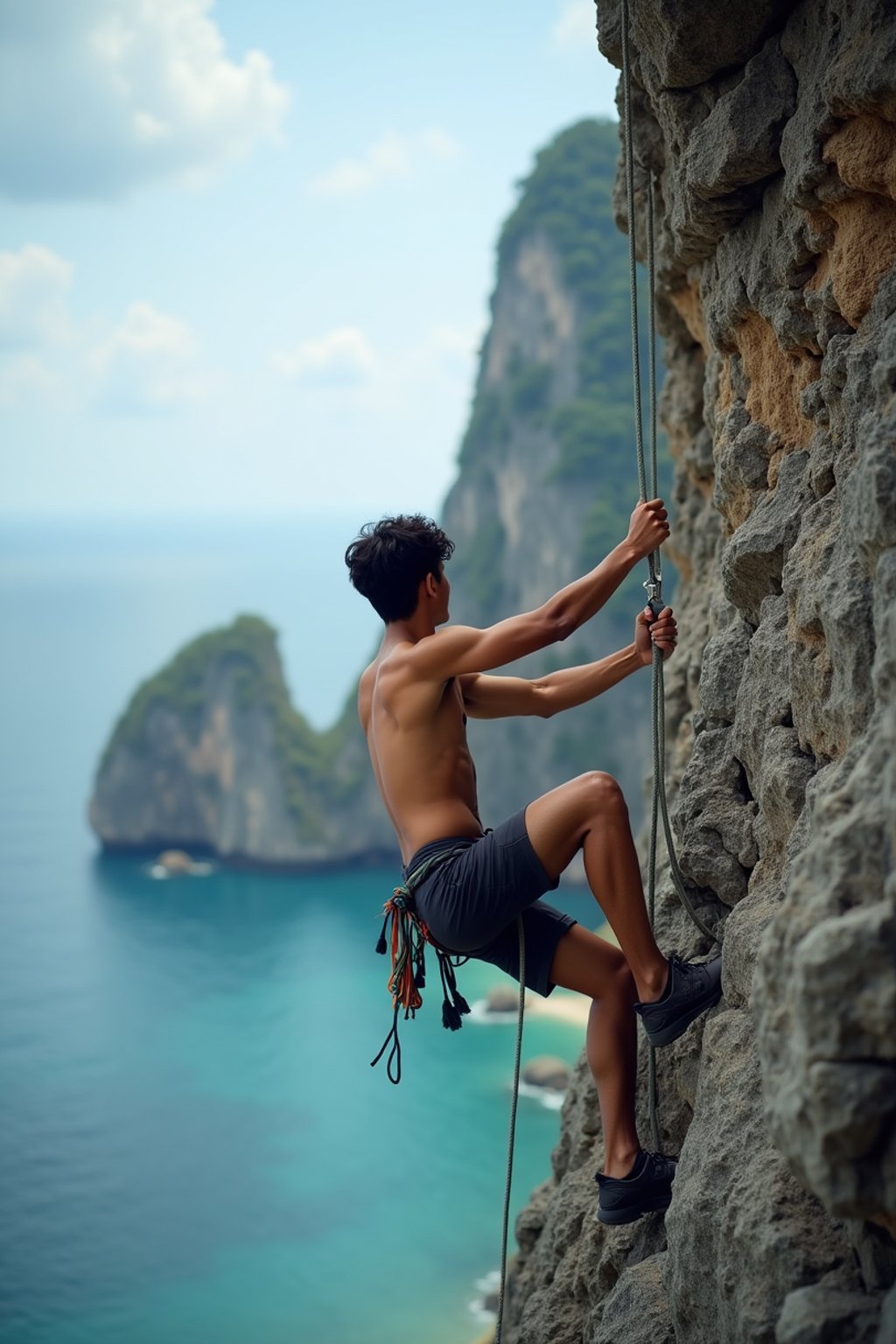 man as adventurer rock climbing a daunting cliff with a breathtaking sea view